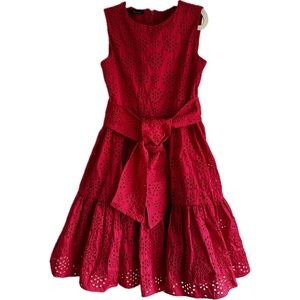 Carolina Herrera Girls’ Belted Eyelet Red Dress